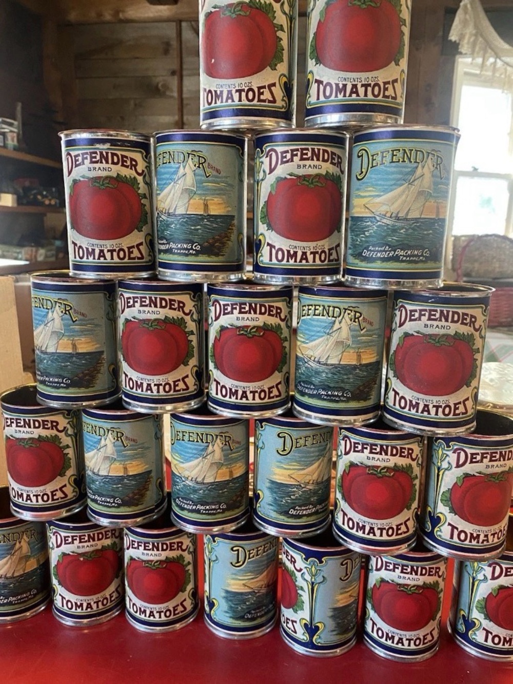 Original Vintage 1910's 1920's Defender Tomatoes Label Old Cans Lot Of 24 In Box